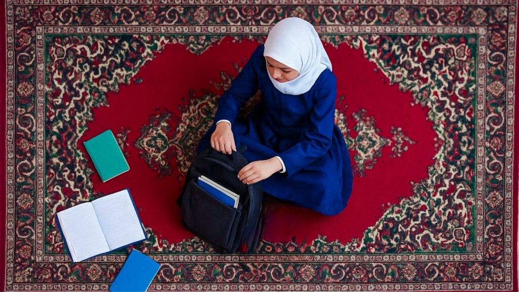 Seen from above, a girl in a hijab and blue school dress packing books into her backpack on a patterned rug